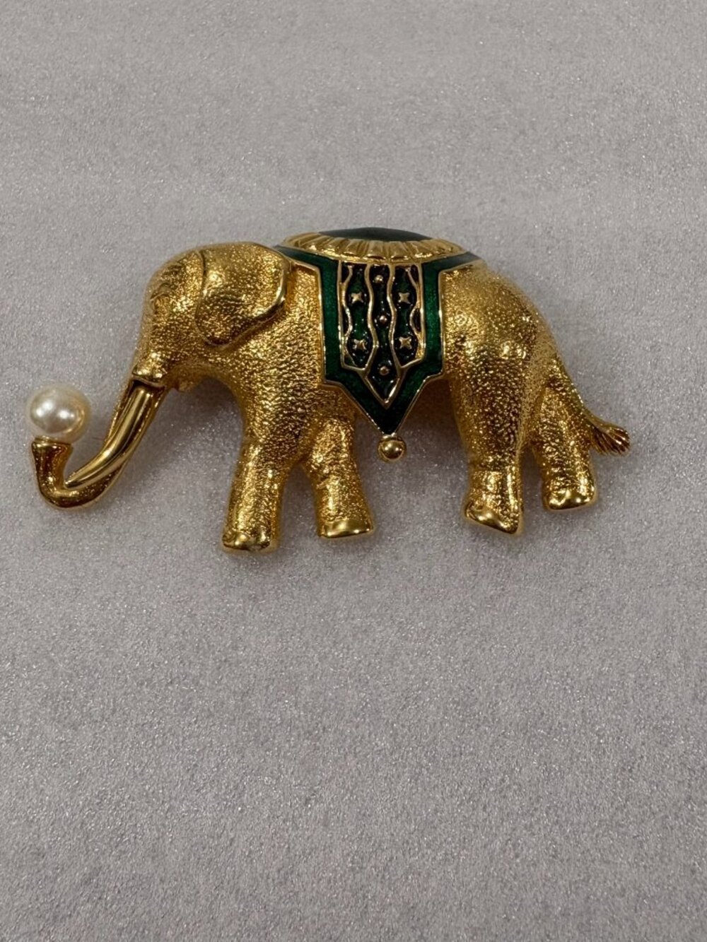 Trifari Elephant Goldtone Green Enamel Faux Pearl Pin Brooch Vintage Trunk Up